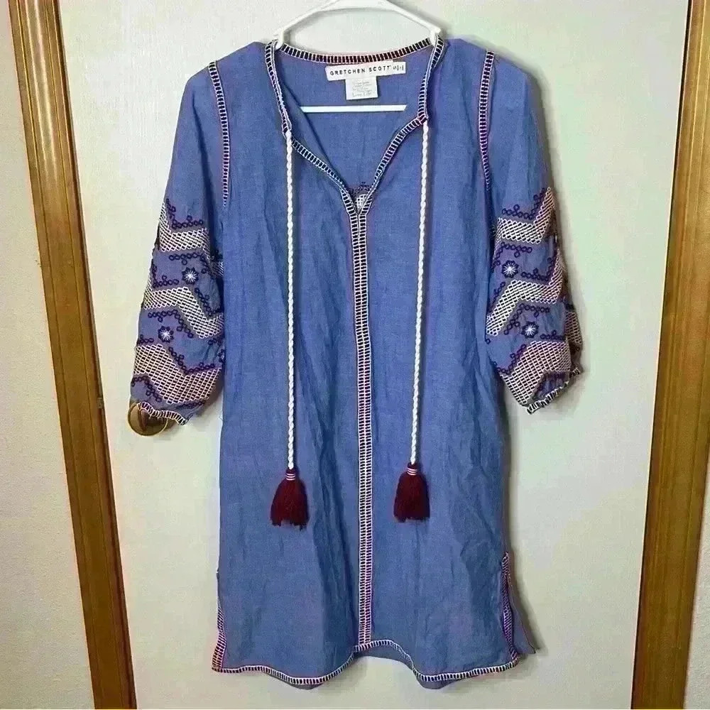 Gretchen Scott Crocheted Tunic‎ Dress Women Boho Embroidered Country Tassel Mini